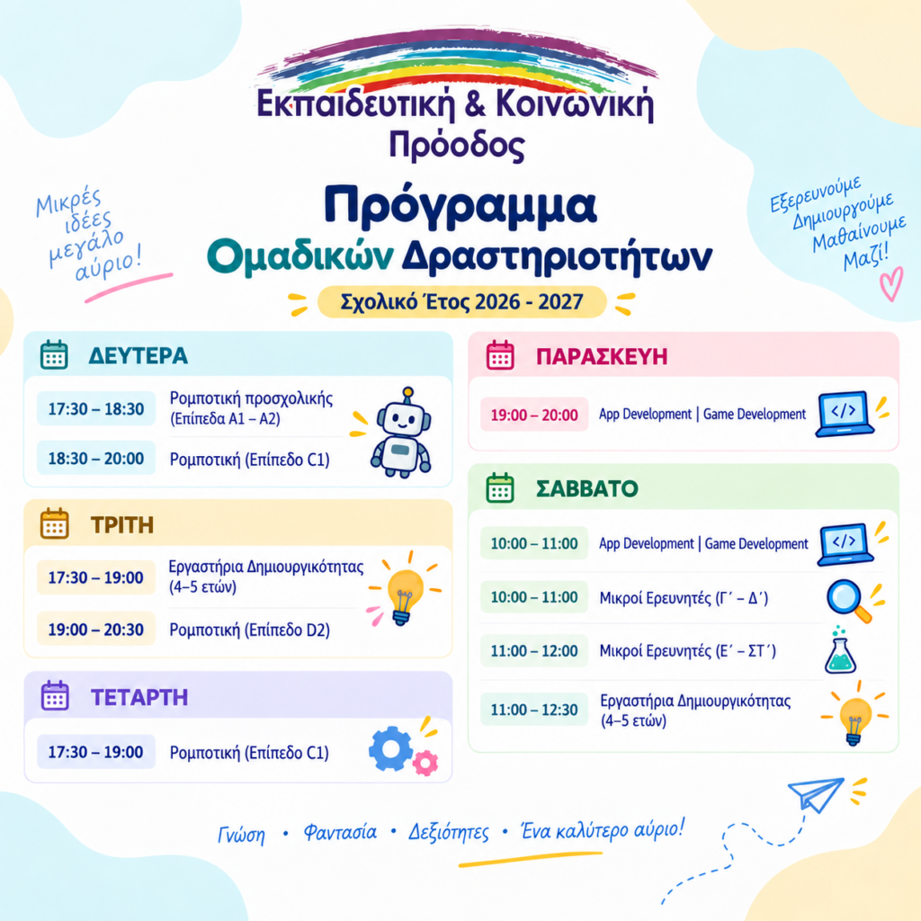 Πρόγραμμα ομαδικών δραστηριοτήτων 2026-2027 στον Εκπαιδευτικό Χώρο "Εκπαιδευτική & Κοινωνική Πρόοδος - Χαρά Παρθένη"